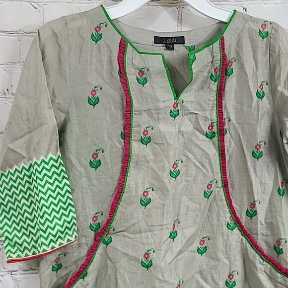 J. Girls 10/12 Green Floral Cotton A-Line Printed Kurti Pakistani Tunic Dress - Picture 2 of 12